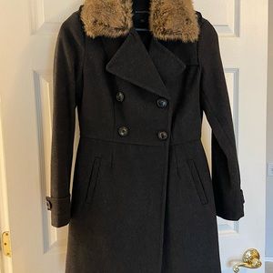 Banana Republic charcoal gray wool pea coat with faux fur, Womens size XS, EUC